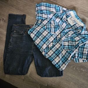 Roebuck & Co. Turquoise Plaid Short-Sleeve Western Snap Shirt - Pearl Buttons, L